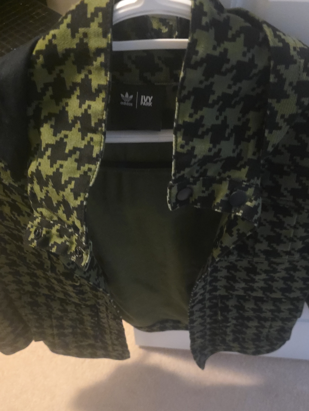 IVY PARK Adidas Black and Olive Green Houndstooth Shirt Jacket